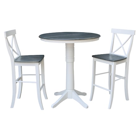 International Concepts Round 36 in Rd Extend Dining Table, 2 X-Back Bar Ht Stools, White/Heather Gray, 36 W, 48 L, 42.1 in H K05-36RXT-27B-S6133-2